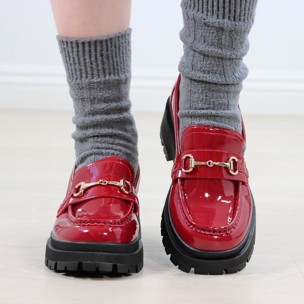 Red Patent Horsebit Loafers Chunky Platform Lug Sole Slip-Ons Grunge 90s Vibes - Picture 3 of 16
